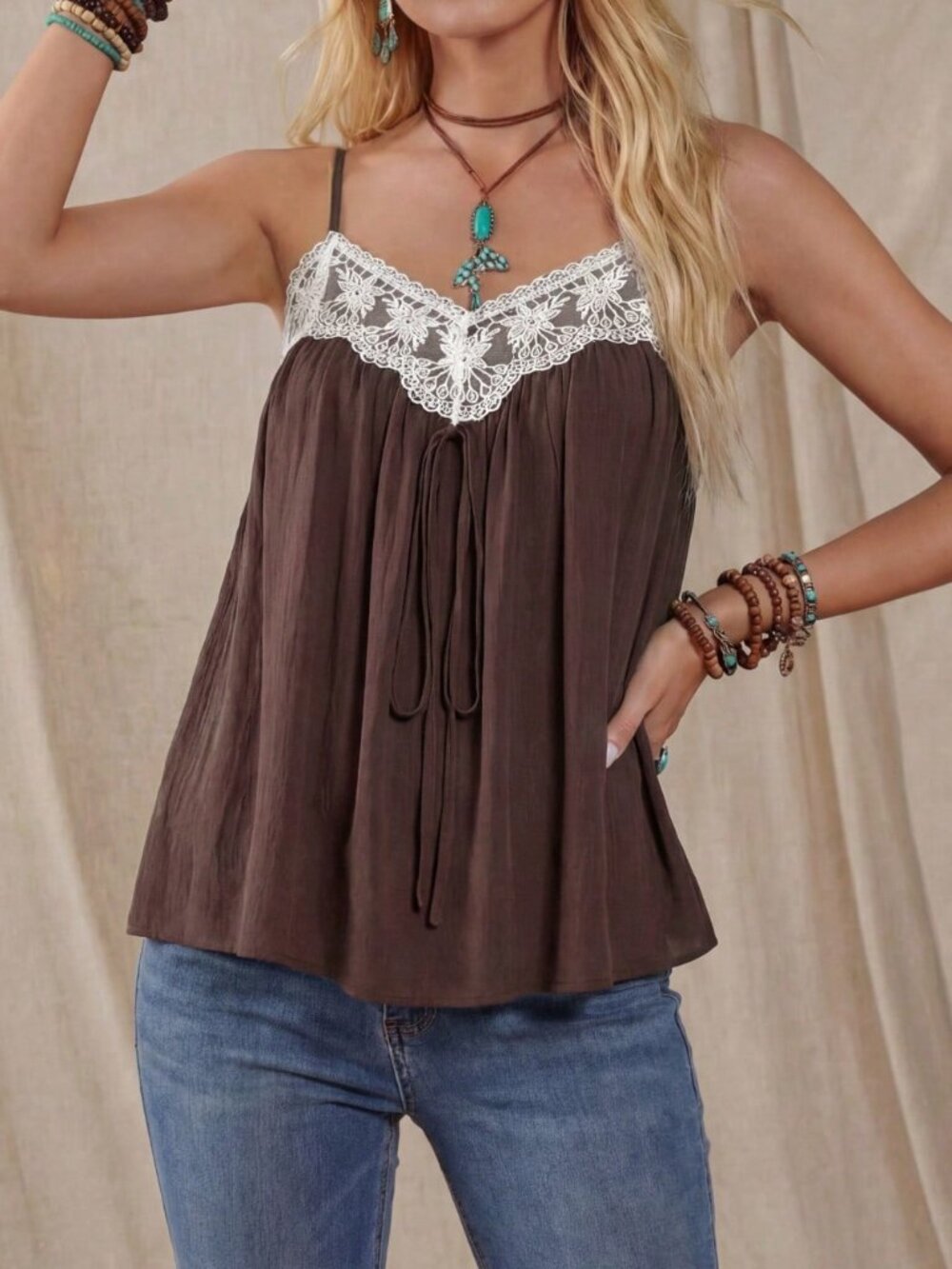Multicolor Casual Boho Women's Lace Color Block Sleeveless Tank Top - Picture 8 of 9